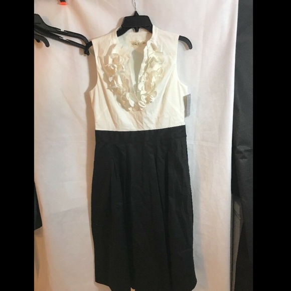 NEW Eliza J V-Neck Ruffled Colorblock Dress Black/White‎ [SZ 8 ] - Picture 2 of 8
